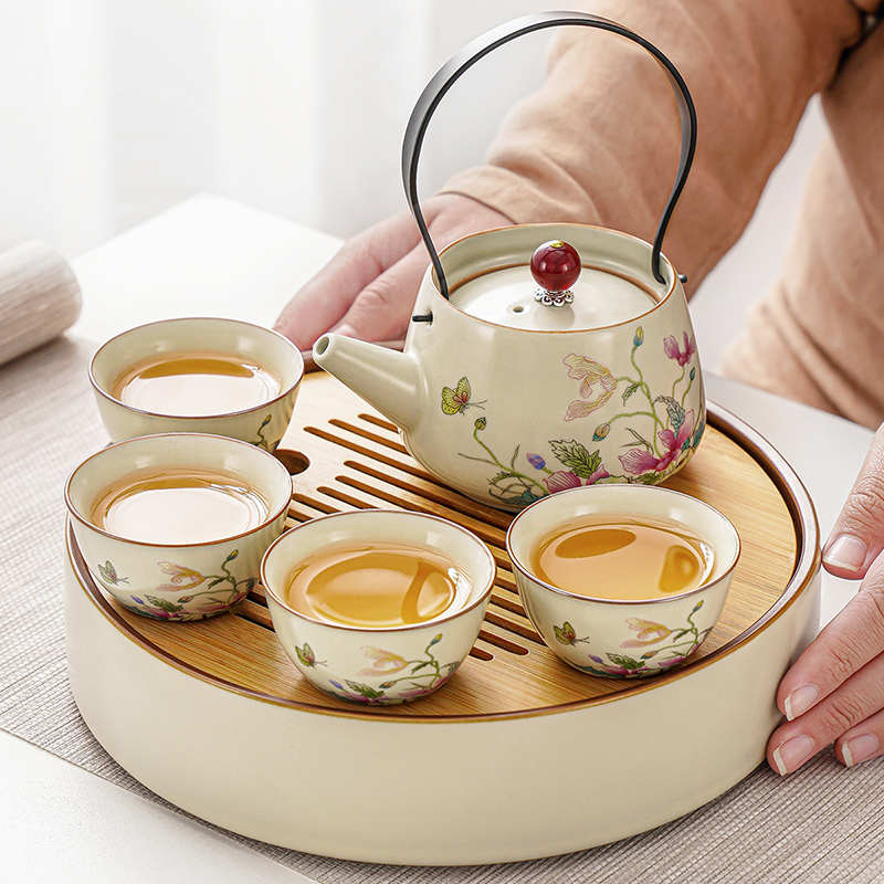 汝窑提梁壶茶具套装个人多人复古轻奢中式单一两人功夫茶具套装