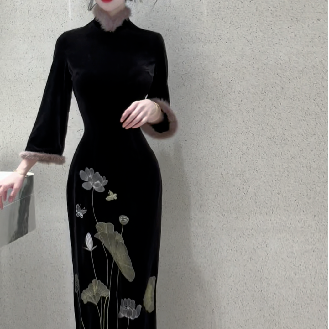 LHMknk1画报夫人原创自制新中式国风高级刺绣荷花旗袍连衣裙 莲仙