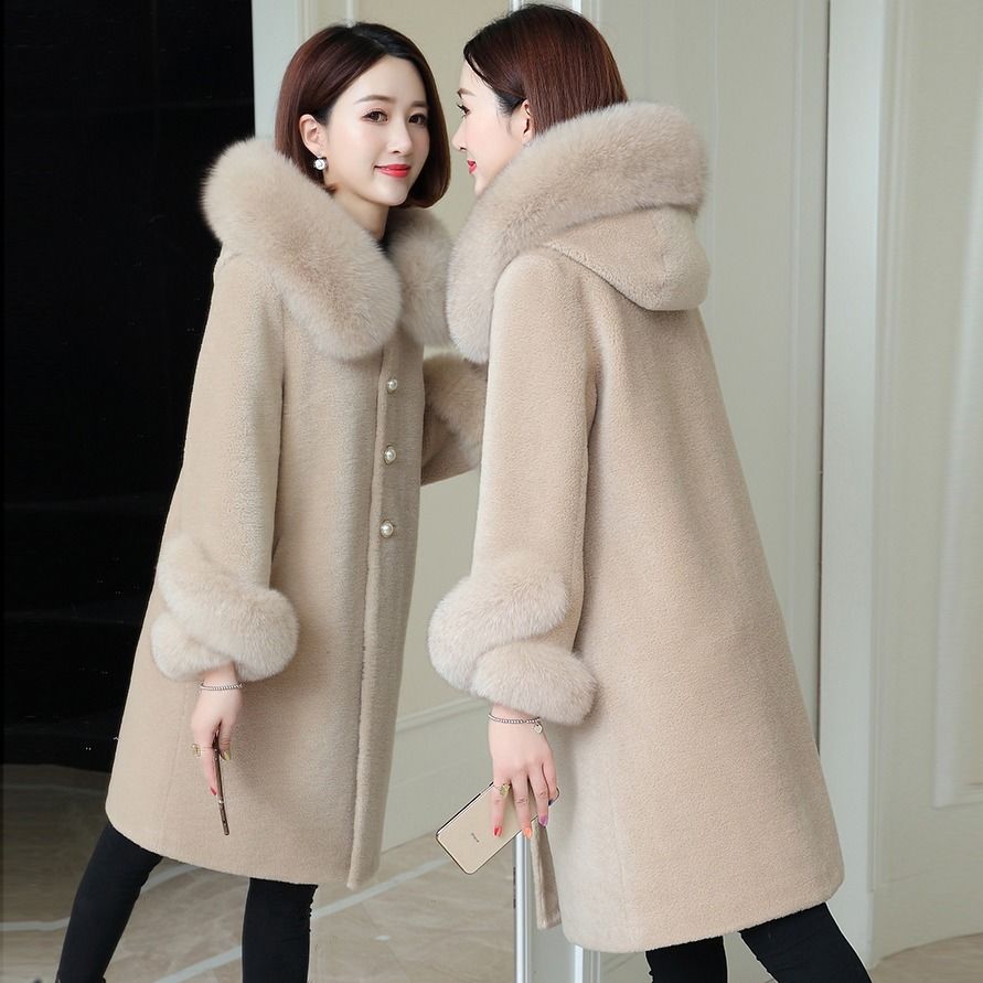 【海宁保真正品】新款狐狸毛连帽中长款女羊剪绒大衣皮毛一体外套