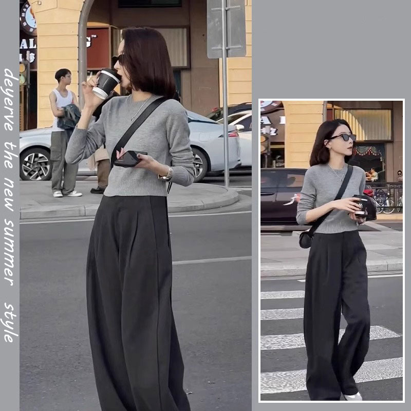 入秋穿搭一整套灰色短款长袖针织上衣宽松阔腿裤盐系炸街两件套装