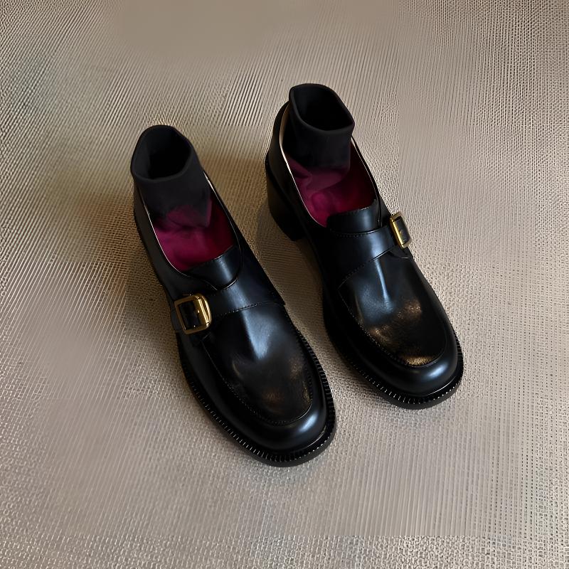 羊皮版！今年流行的乐福鞋英伦风黑色复古圆头金属扣粗跟法式单鞋