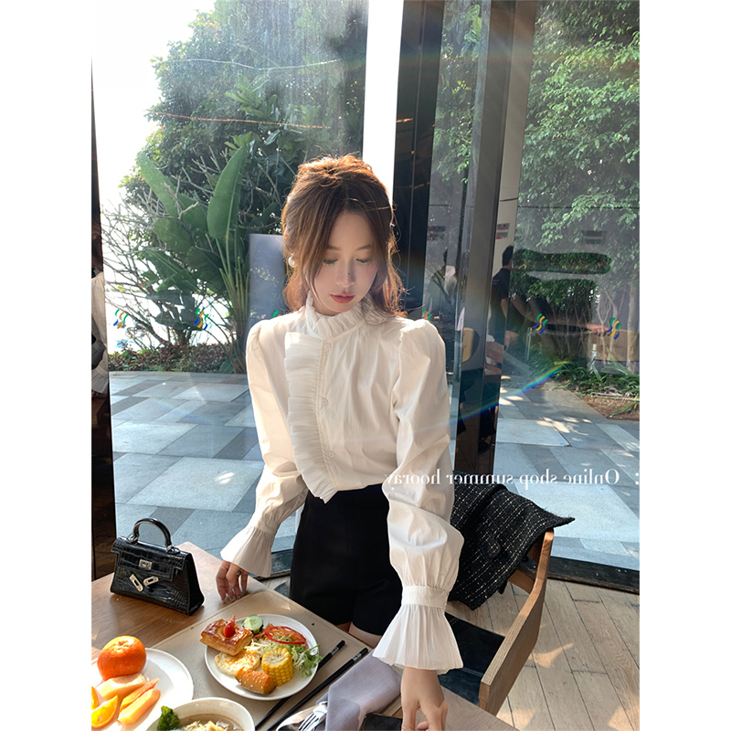 法式名媛宫廷风木耳荷叶边白色衬衫女2025年早春季新中式长袖上衣