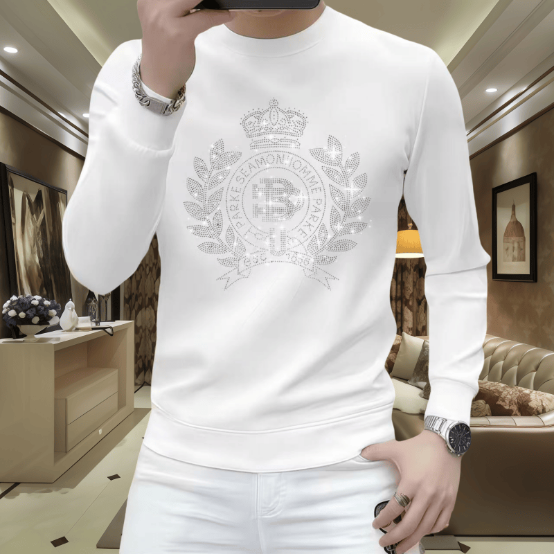 秋冬季新款烫钻时尚休闲潮流修身男士长袖卫衣百搭圆领帅气打底衫