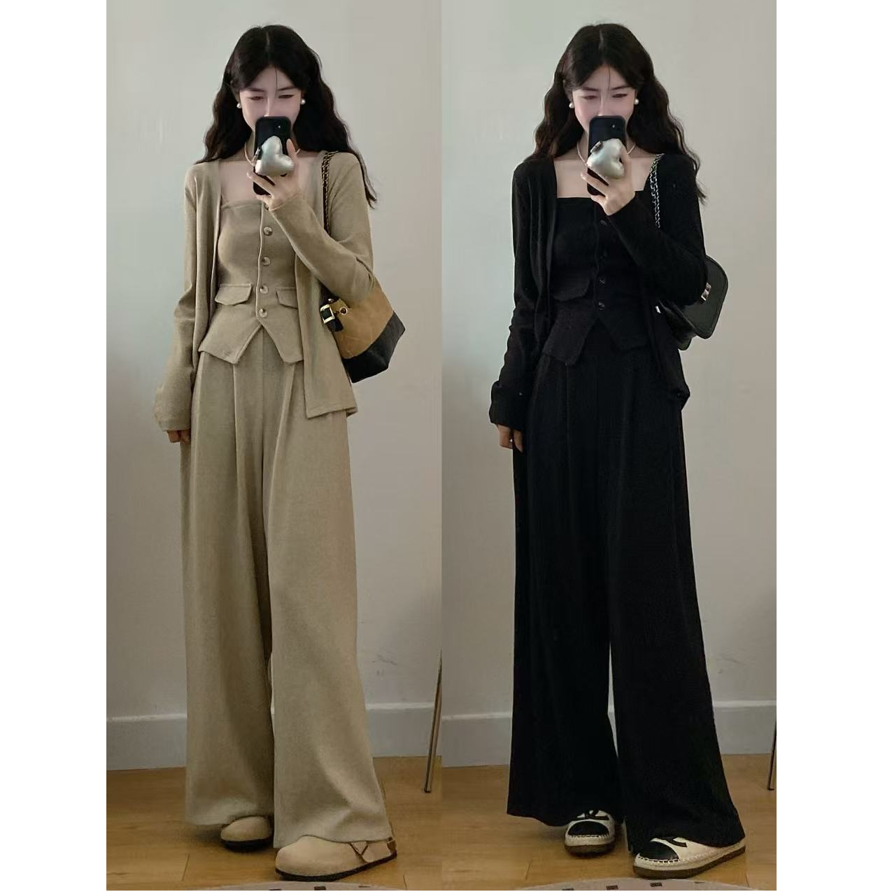 大码女装胖mm新款气质韩系休闲开衫+修身抹胸吊带+阔腿裤三件套