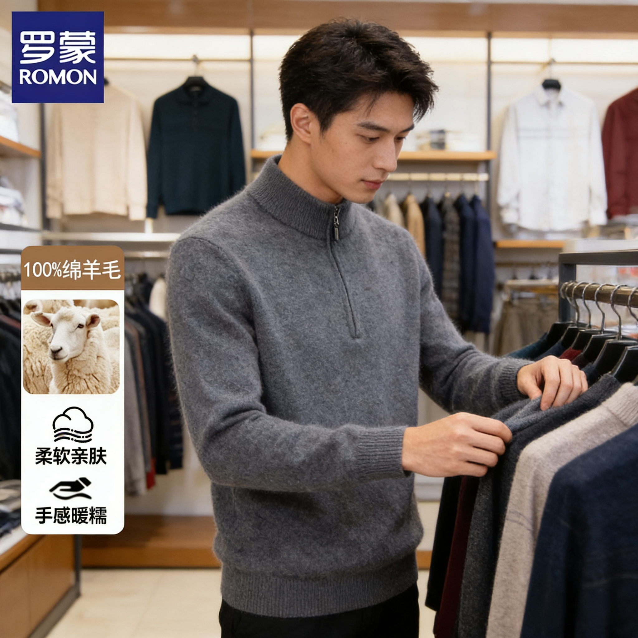 罗蒙100%羊毛针织毛衣男士半高拉链领套头打底衫亲肤柔软宽松毛衫