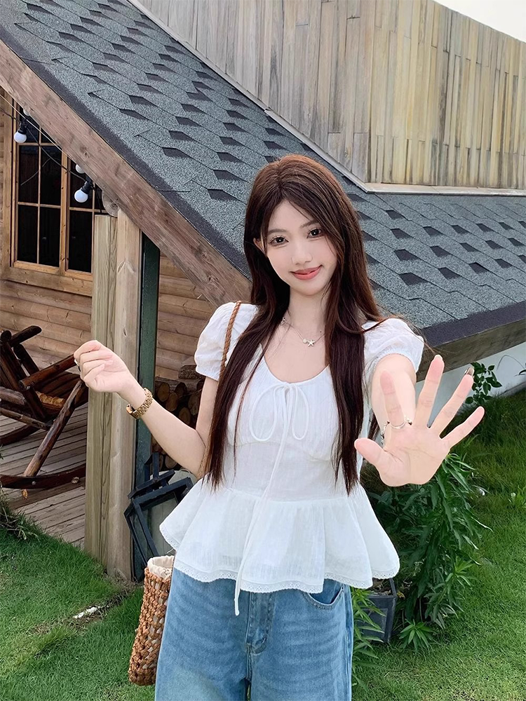 法式白色泡泡袖系带衬衫夏季新款收腰别致百搭chic短袖圆领上衣女