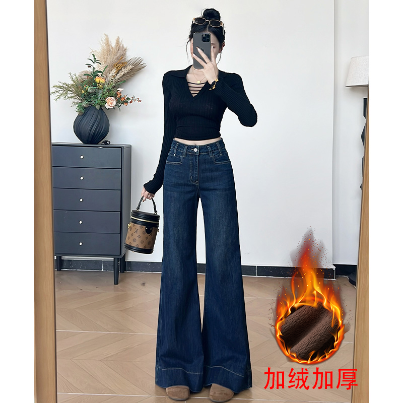 乔栈深蓝色微喇阔腿牛仔裤女秋季新款复古加绒高腰宽松显瘦拖地裤