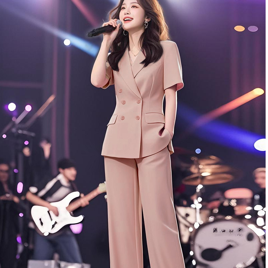 大码女装胖mm粉色气质西装套装休闲职业通勤干练西服直筒裤两件套