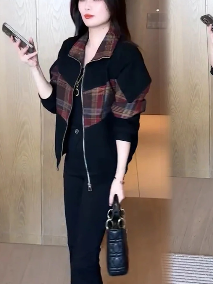 时尚长袖爆款短外套女2025秋季新款时髦洋气翻领拼接格子夹克上衣