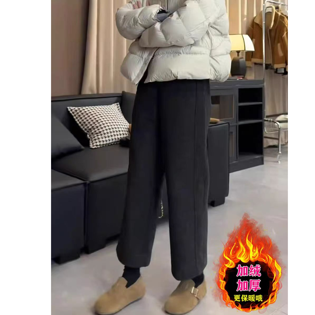 毛呢直筒休闲裤女加绒裤大码宽松显瘦保暖九分阔腿裤2025秋冬新款