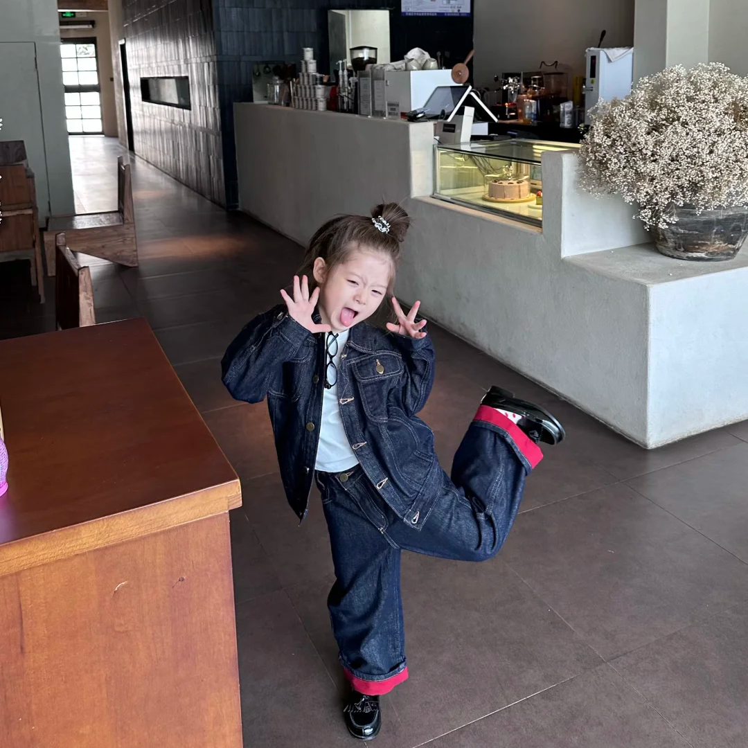 壹妈韩版童装女童秋季套装洋气儿童时髦翻领牛仔外套裤子两件套潮