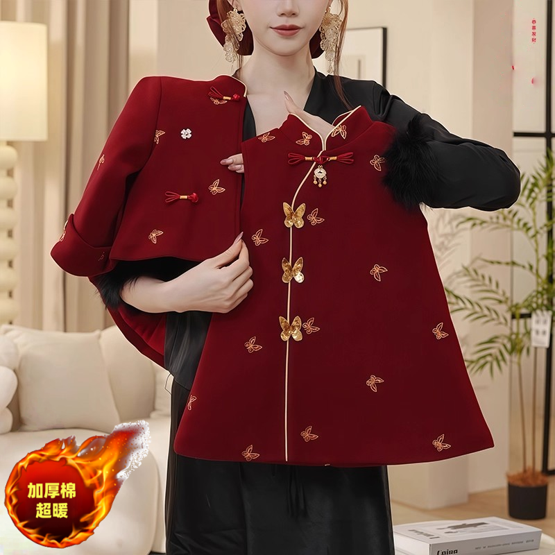 女童国风毛呢小香风夹棉加绒外套旗袍连衣裙套装2025冬装中式年服