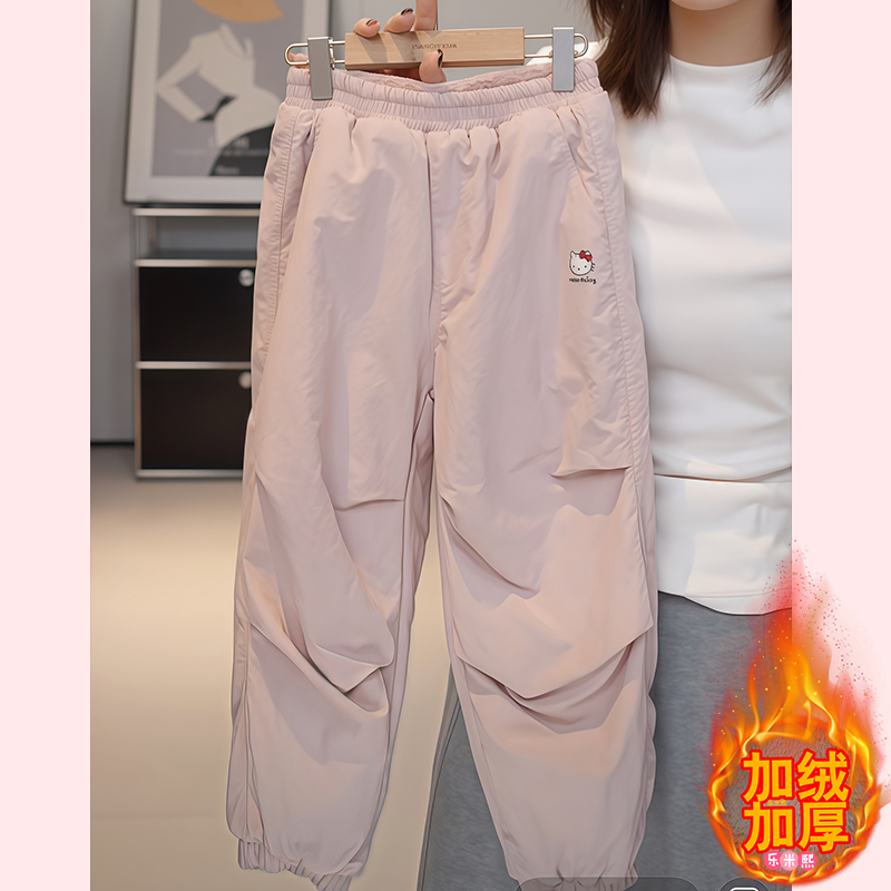 女童加绒加厚软壳冲锋裤束脚裤儿童宽松户外登山裤防水休闲裤童装