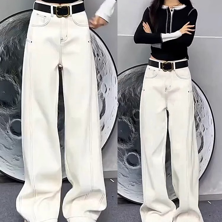 2025年秋冬新款弯刀裤女浅色牛仔裤慵懒风宽松窄版阔腿裤弯刀裤子