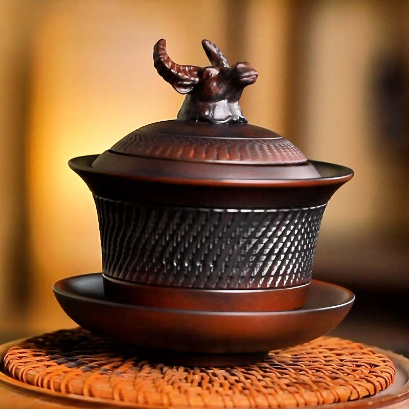 高档防烫云南建水复古紫陶三才盖碗旋转盖碗牛转乾坤茶碗