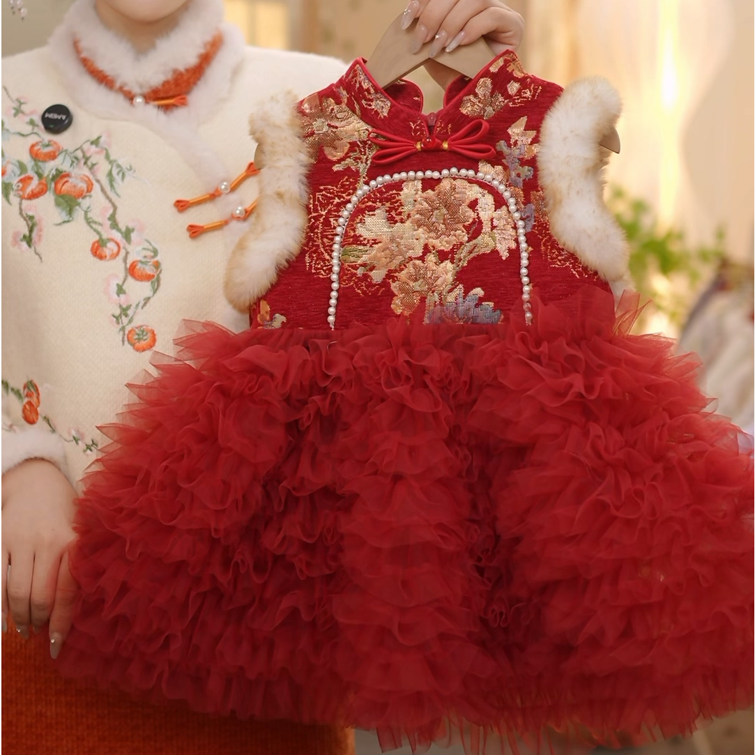 【安宁】加绒不加棉SC841女童冬季国风保暖新中式马甲旗袍裙拜年服