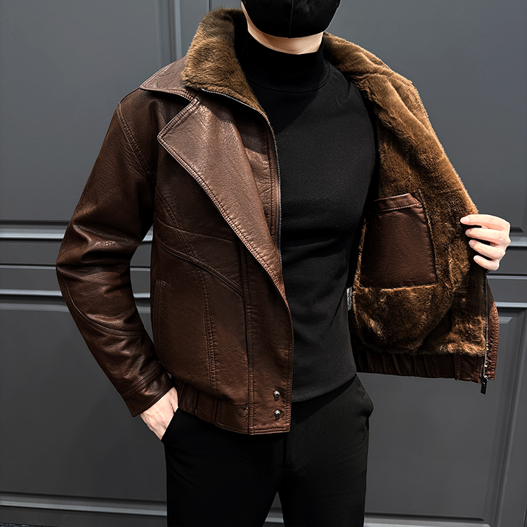 加绒毛领皮衣外套男款爆款2025新款秋冬保暖设计噶痞帅潮流夹克男