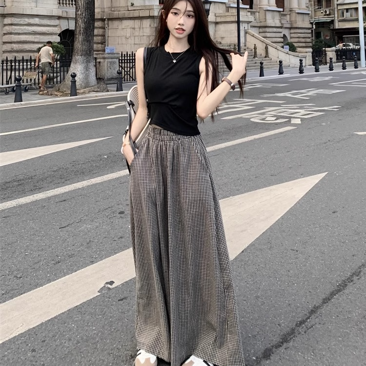格子阔腿裤女夏季复古百搭简约时尚休闲高腰显瘦长款超好看裤裙子