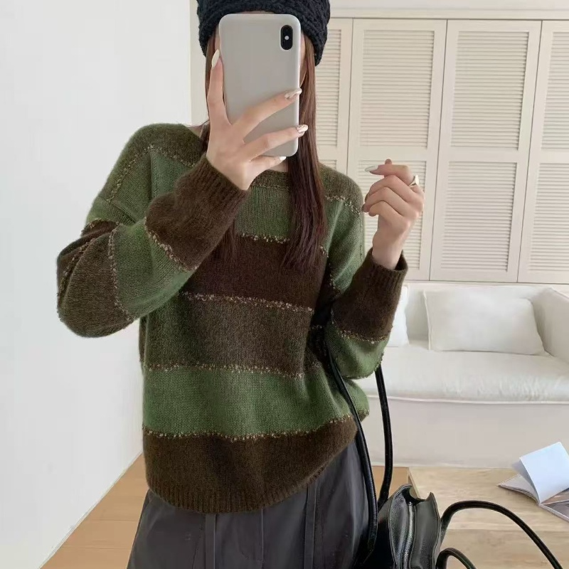 秋冬新款撞色条纹圆领长袖针织衫套头百搭宽松上衣女1306