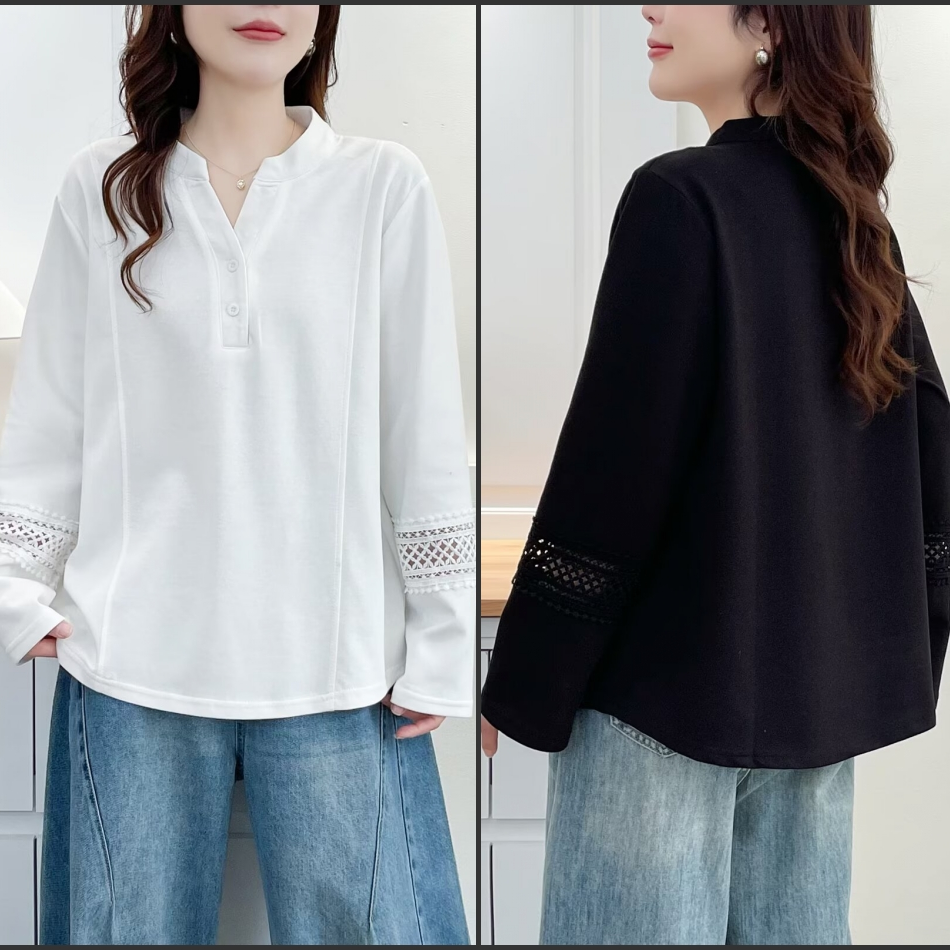 大码胖mm设计感减龄镂空勾花V领打底衫秋季时尚遮肉长袖上衣2519