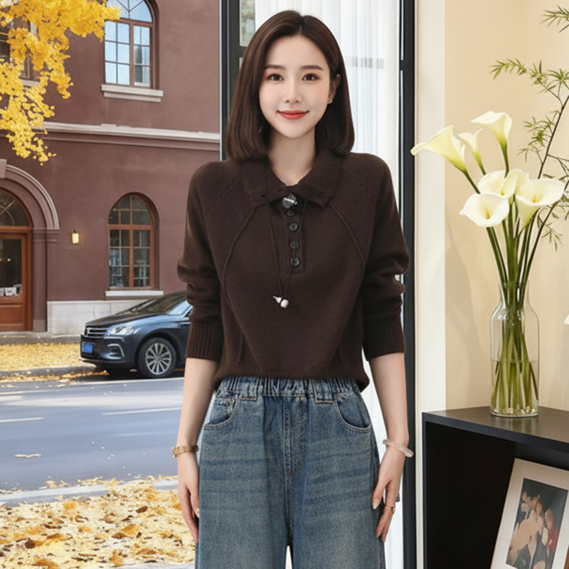 韩系慵懒风纽扣半高领套头针织衫秋冬大码宽松显瘦百搭打底衫毛衣
