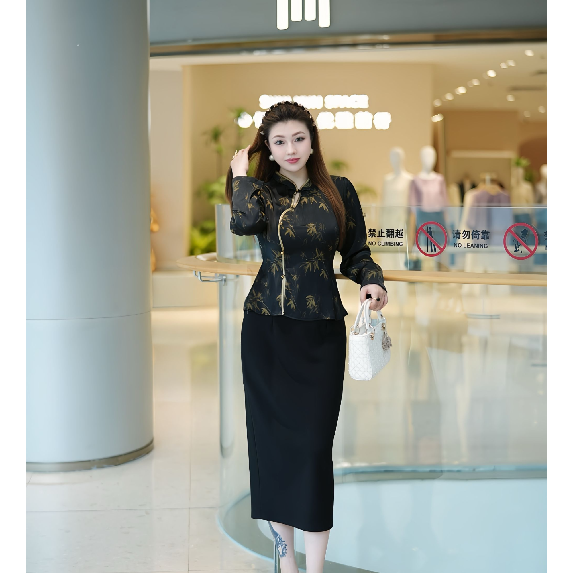 XYD71690新中式斜对襟国风盘扣复古大码女装长袖立领套装