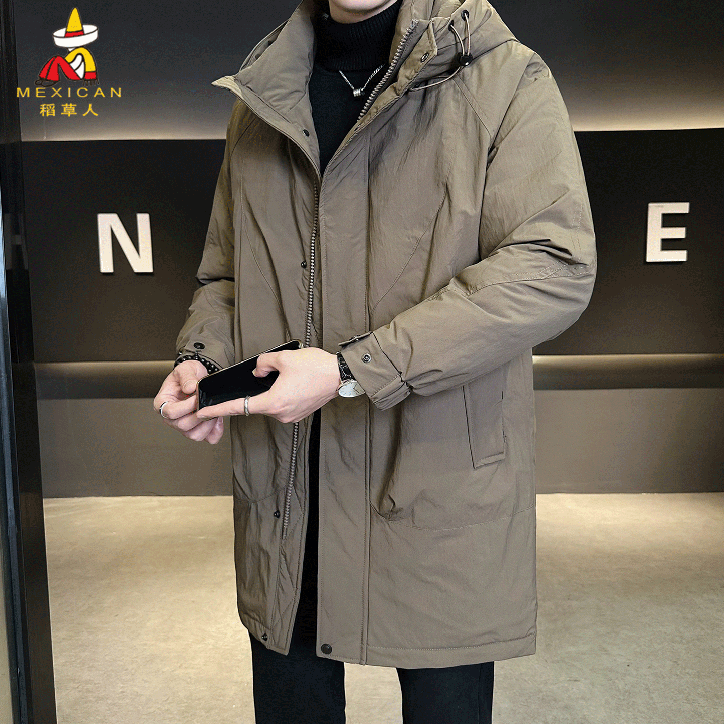 稻草人咖色连帽中长款羽绒服男冬季韩版修身帅气保暖加厚风衣外套