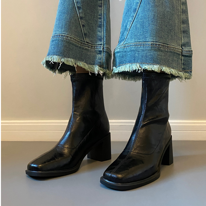 羊皮版~静音底短靴通勤高跟弹力瘦瘦靴秋冬软底体制内复古粗跟靴