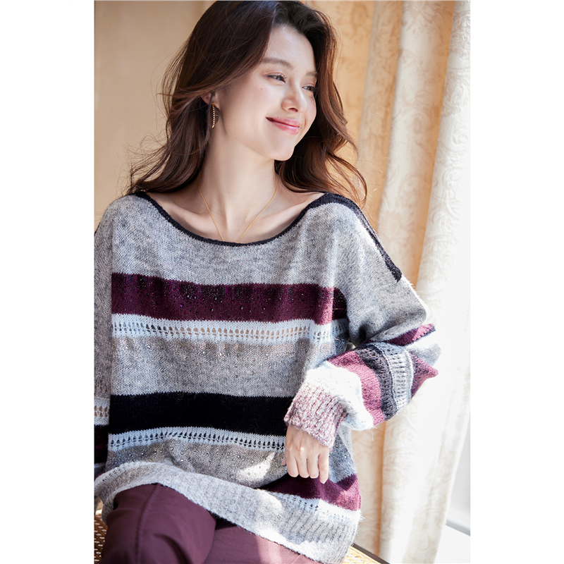 慵懒风烫钻条纹针织衫女秋季2025新款时尚气质宽松大码休闲毛衣潮