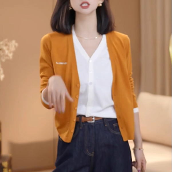 韩版假两件撞色针织衫女早秋新款高级感百搭修身显瘦长袖上衣3735