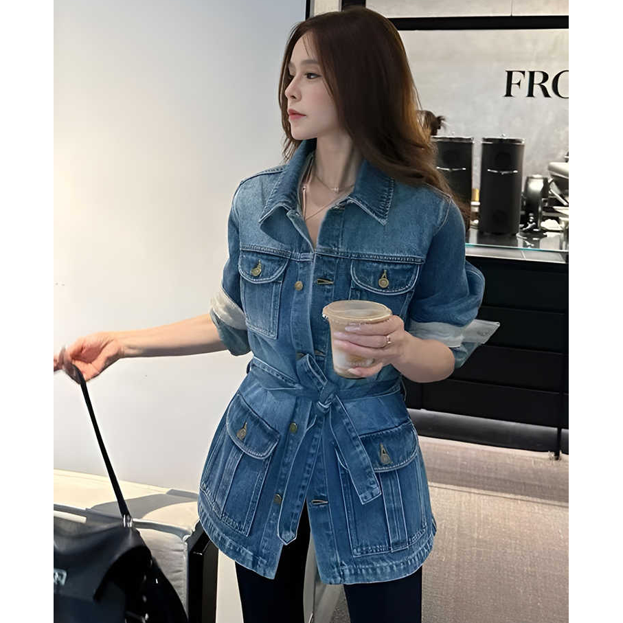 法式复古翻领收腰牛仔外套女2025早秋季设计系带长款夹克开衫上衣
