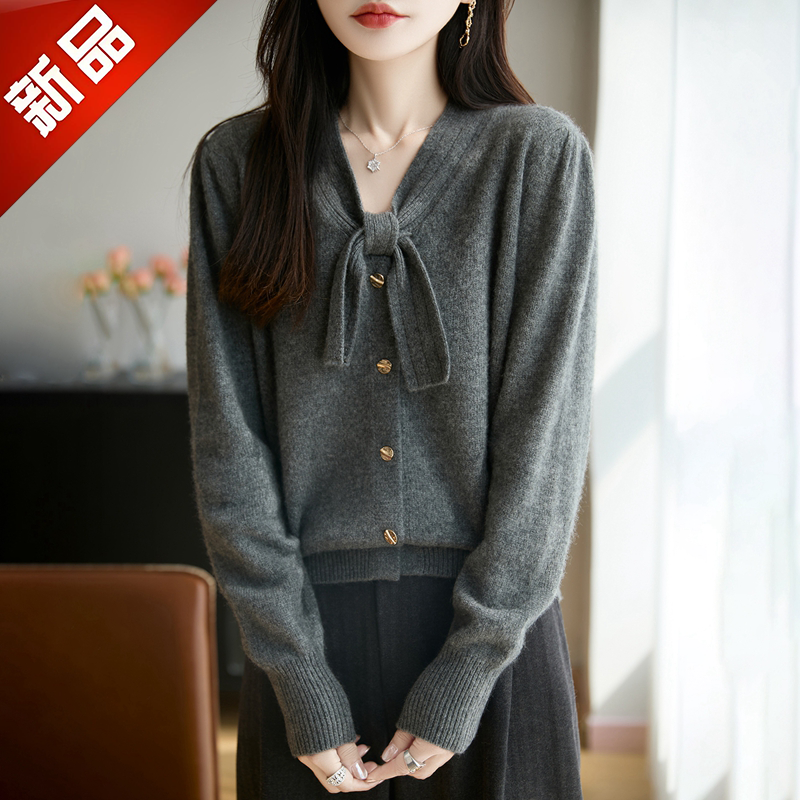 品牌专柜正品秋冬新品针织法式蝴蝶结长袖针织衫短款毛衣女开衫装