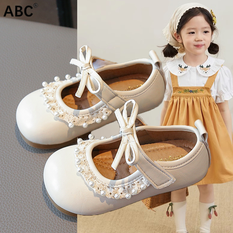 ABC女童公主鞋2025新款春秋宝宝珍珠蝴蝶结鞋子小女孩洋气小皮鞋