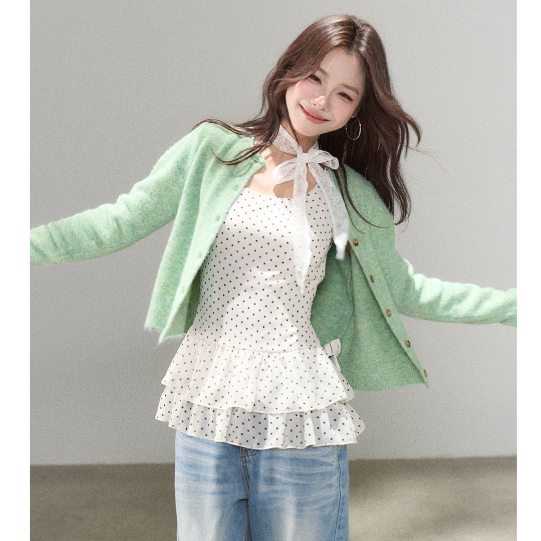 GPTSu温柔甜美套装杏色小众背心女春秋款长袖毛衣开衫韩系两件套