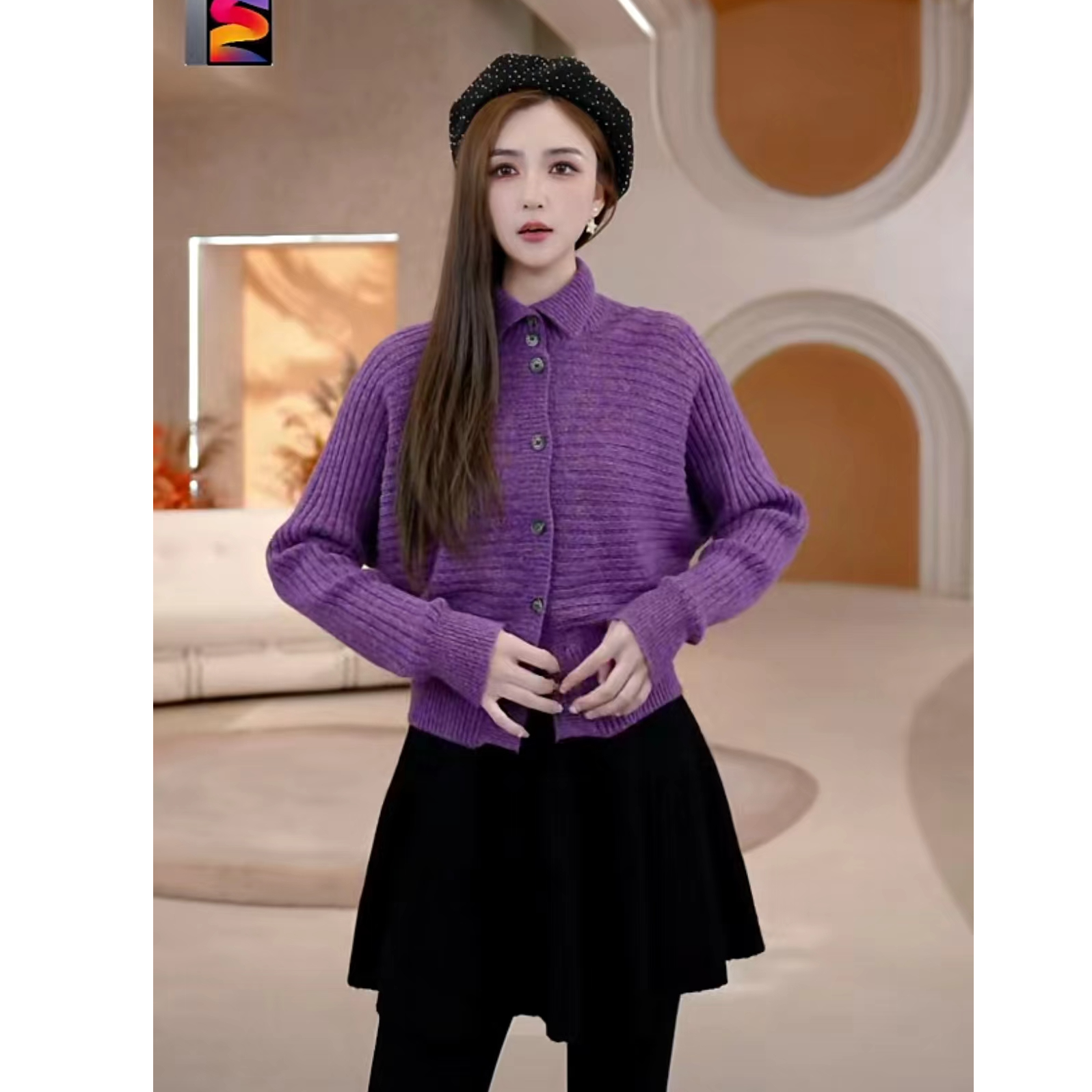 COCO BECCI【紫罗织语】100绵羊毛坑条单排扣针织开衫CFLJD331380