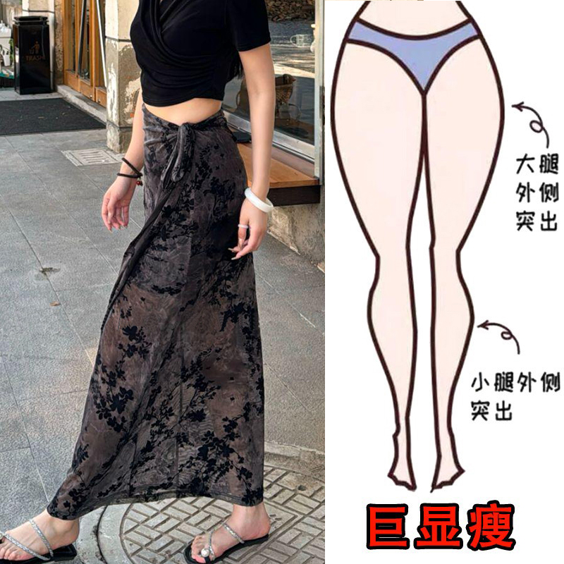 2025夏薄款大码女装高腰绑带复古印花半身裙高腰遮胯显瘦直筒长裙