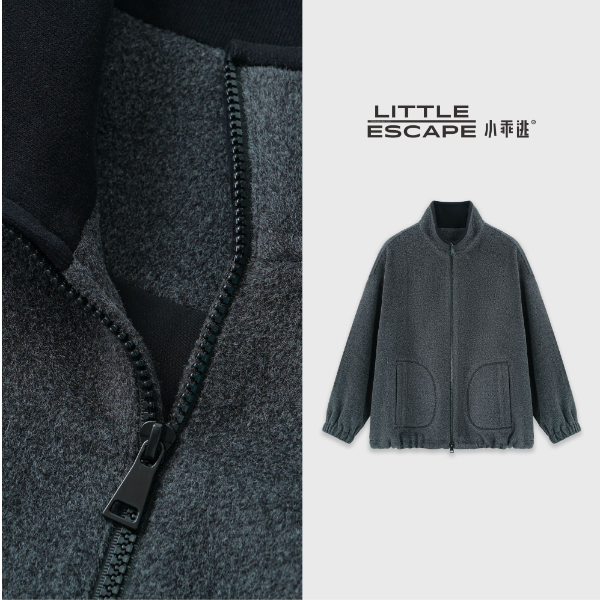 小乖逃休闲时尚灰色毛呢外套高领横口袋秋冬鸟保暖宽松百搭M9385