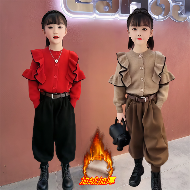 女童套装2025新款秋装洋气木耳边纯色开衫毛衣休闲灯笼裤两件套潮