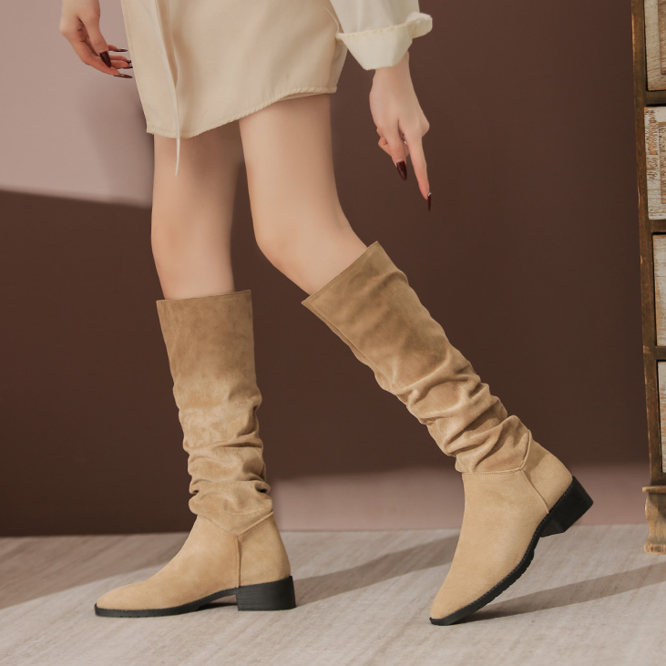 法式复古长筒靴不过膝褶皱堆堆靴西部牛仔靴秋冬粗跟高筒靴骑士靴