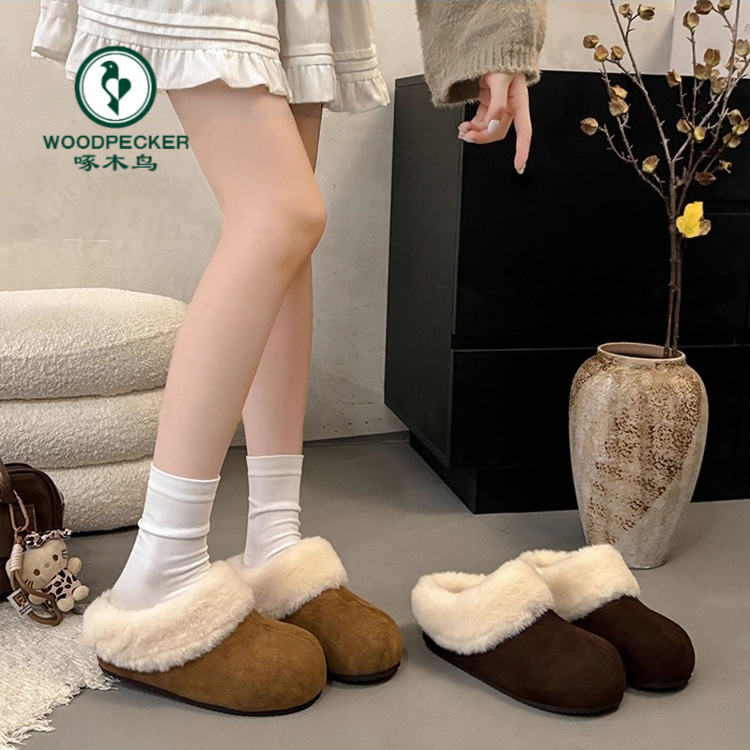 啄木鸟厚底增高加绒勃肯鞋包头毛毛拖鞋2025新款冬季雪地靴棉拖鞋