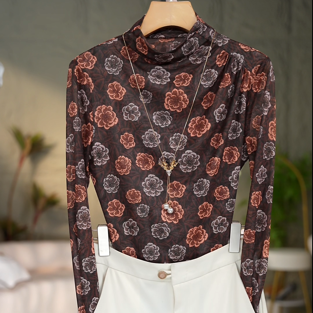 1175#洋气长袖网纱优雅气质小衫女印花立领T恤女士半高领打底衫