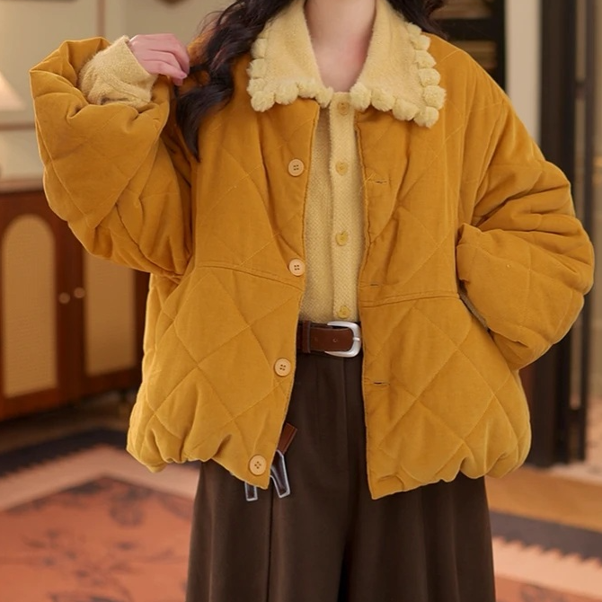 【稻浪翻金】复古港风加厚夹棉保暖秋冬短款ins宽松外套女