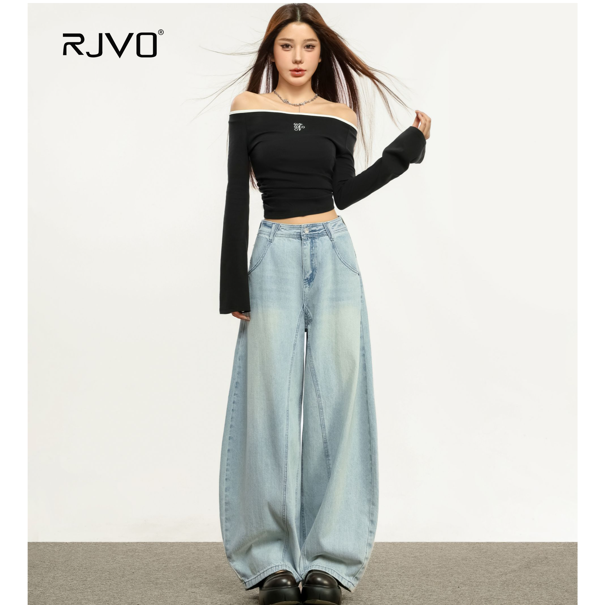 RJVO新款复古宽松弯刀牛仔裤女休闲阔腿垂感高腰裤