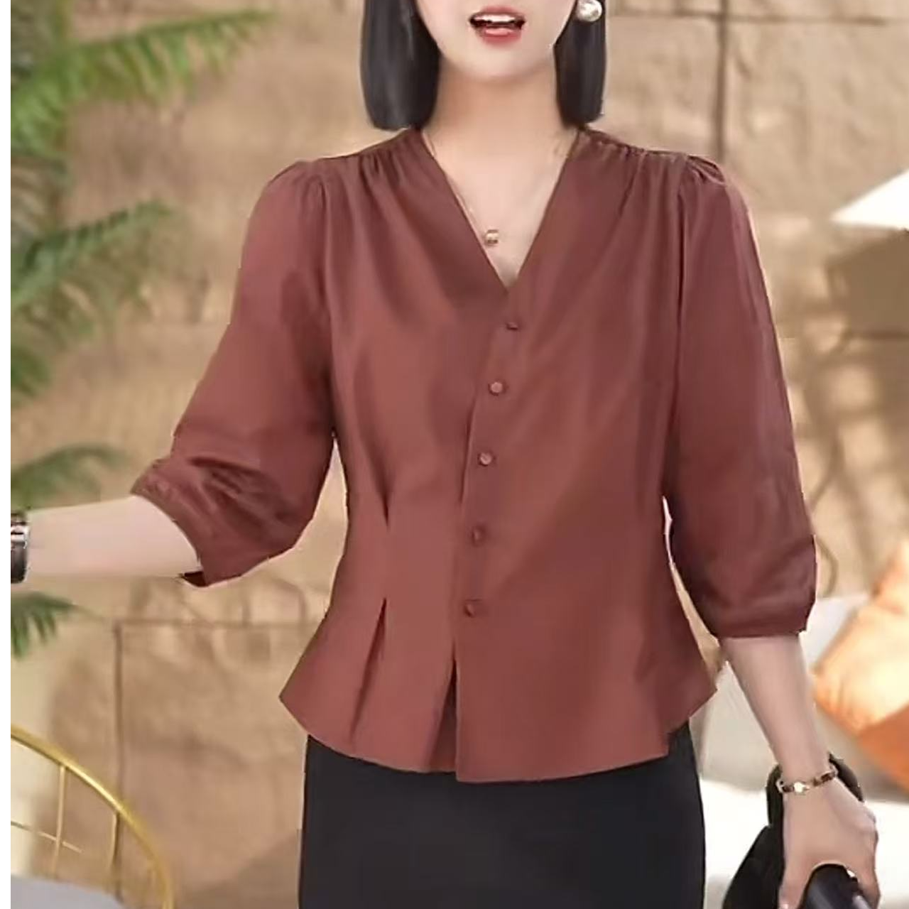 秋季新款开衫衬衫薄软高定扣子收腰女人上衣气质时尚七分袖衬衫女