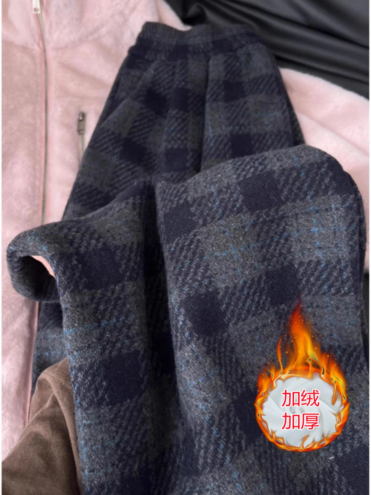 加绒加厚毛呢格子裤女秋冬季高腰显瘦直筒休闲宽松bf慵懒风阔腿裤