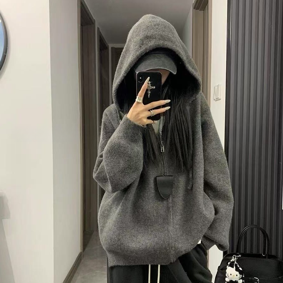 慵懒老钱风灰色拉链连帽毛衣外套女秋冬季软糯设计感针织卫衣开衫