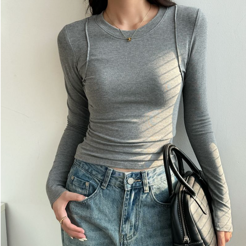 辣妹修身长袖T恤女初秋2025独特拼接鱼骨正肩设计感圆领纯色上衣