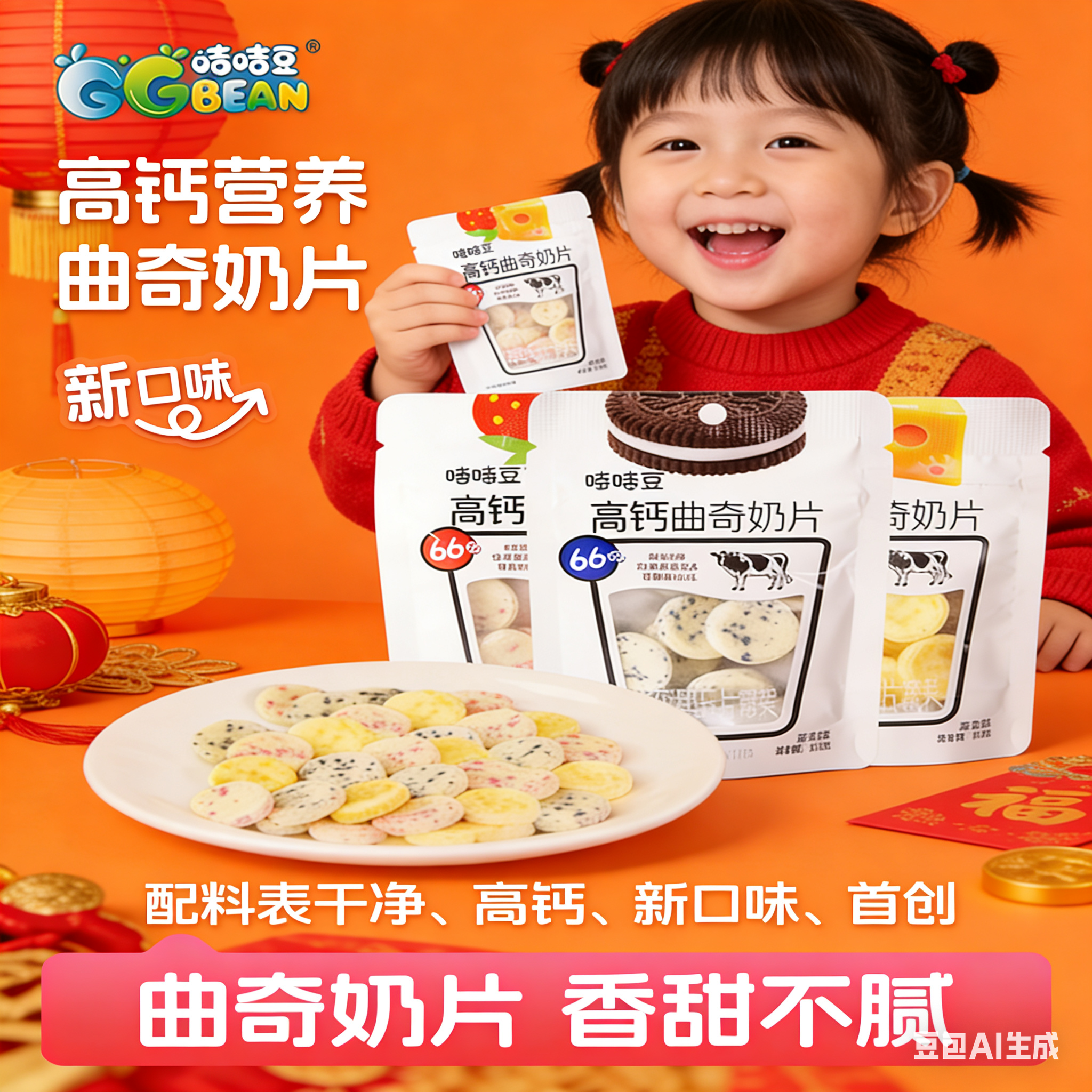 GGBEAN/咭咭豆高钙曲奇奶片芝士黑巧味牛奶贝花式奶贝牛奶片零食