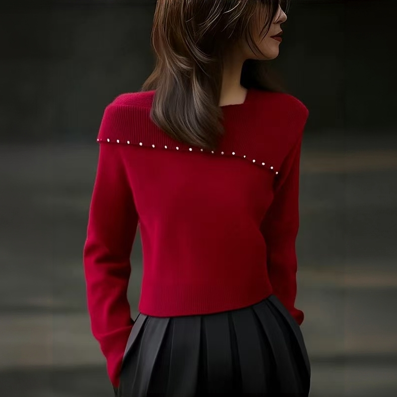 高级感百搭减龄上衣红色一字肩针织衫女2025秋冬新款今年流行爆款
