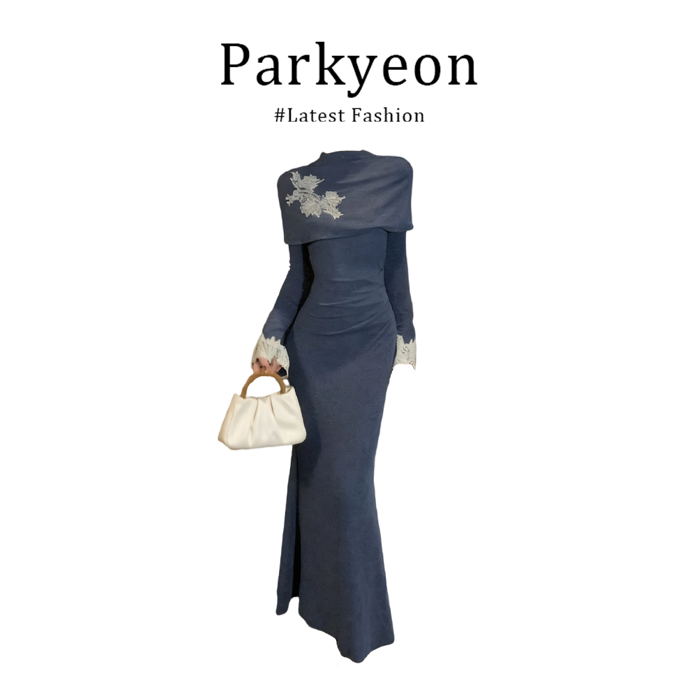 parkyeon新中式老钱风半高领蕾丝刺绣连衣裙女2025秋季斗篷长裙子